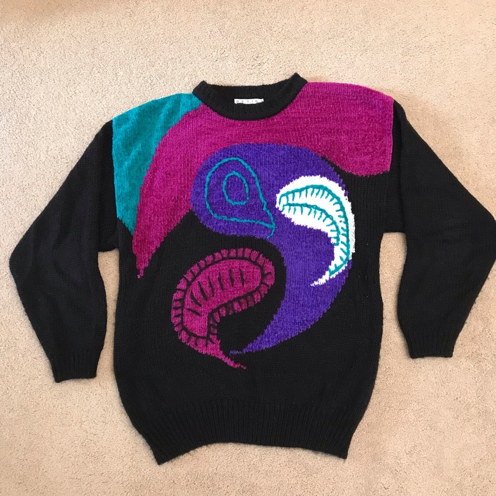 Vintage 80s Pop Art Crewneck Sweater Womens Large Black Purple Acrylic 1989